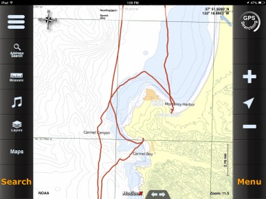 Our tracks into and Leaving Monterrey Bay and Still Water Cove