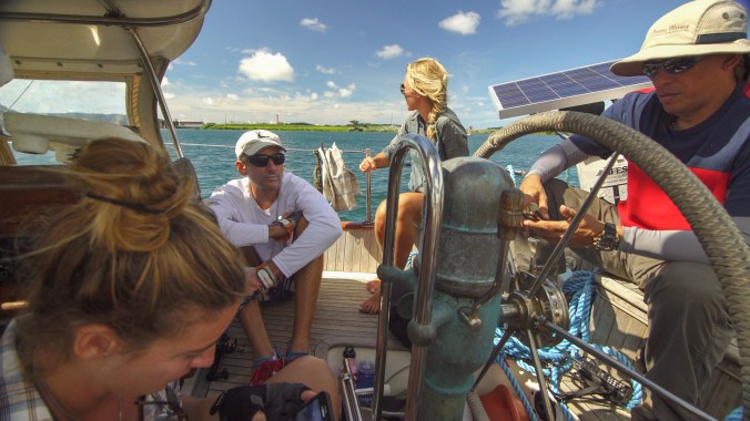 The crew hiding in the shade while waiting for our turn